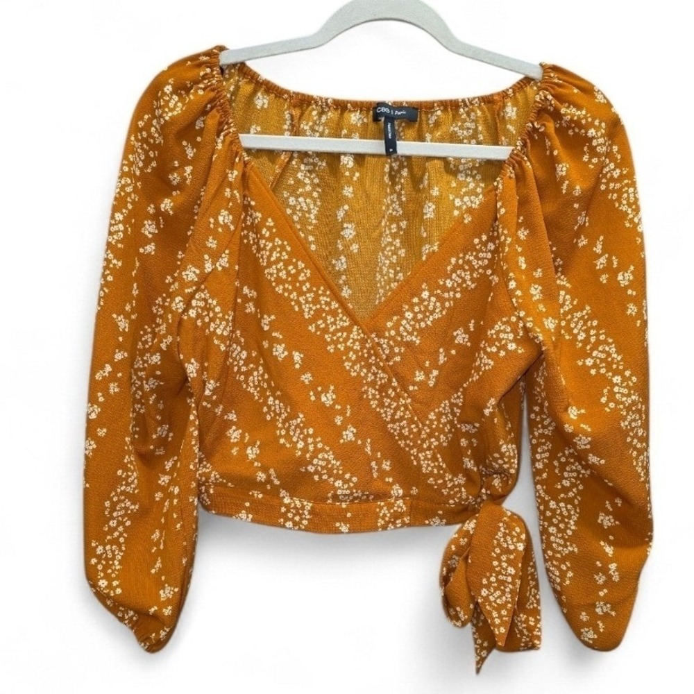 BCBG Women's Floral Wrap Crop Top Tie‎ Front Balloon Sleeves Boho Cottagecore